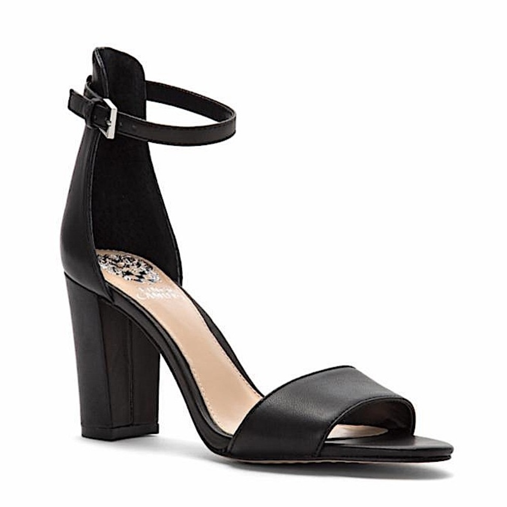 Vince Camuto Black Leather Ankle Strap Sandal Heel Gem